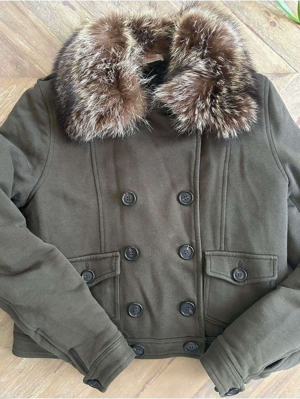 Authentic Prada Olive Green Double-Breasted Pea Coat with Plush Fur Collar